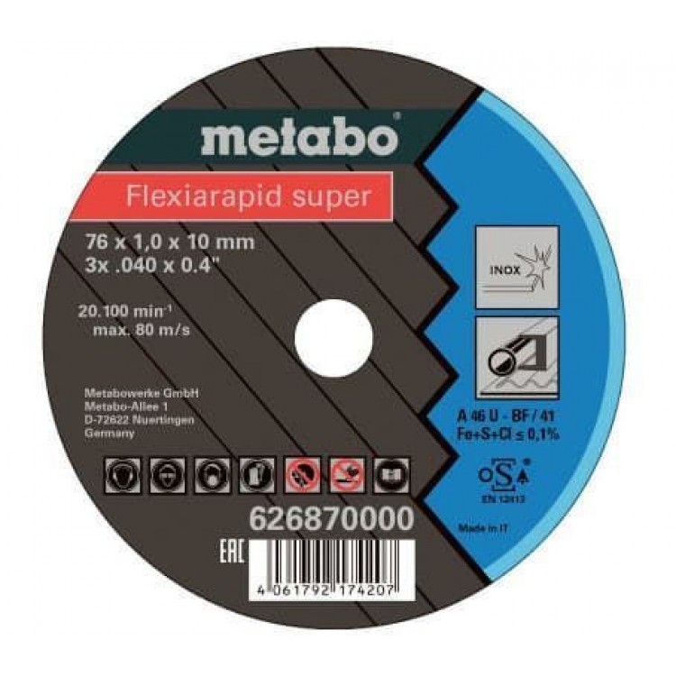 Отрезной круг по нержавеющей стали Metabo Flexiarapid super Inox 76х1х10, 5 шт